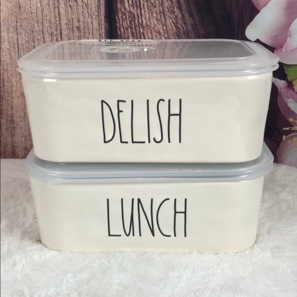 NWT Rae Dunn 2 pieces Lunch & Delish Ceramic Containers Set with Vented Lid New - Picture 4 of 15